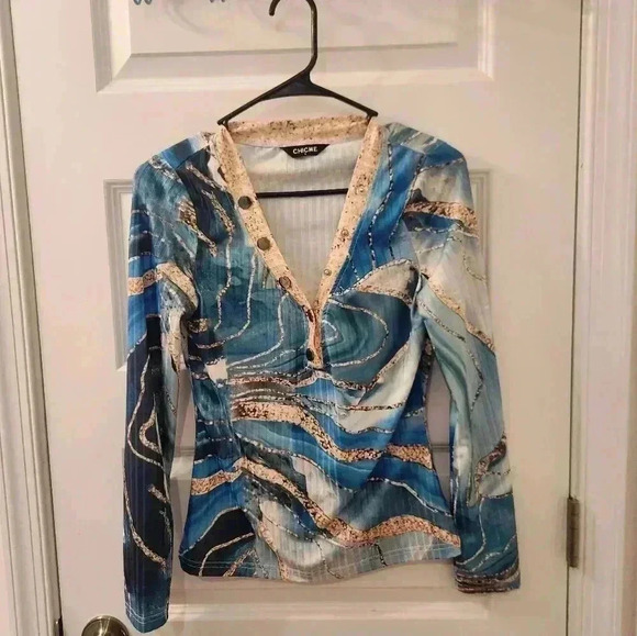Y2K Blue Gold Button Down V Neck Long Sleeve Size S Chicme #Q361 - Picture 1 of 6